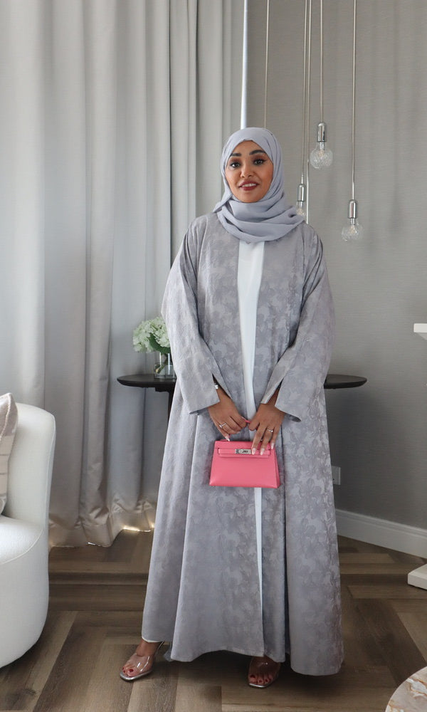 Mahra Abaya With Scarf - Gray Flower Embroidery