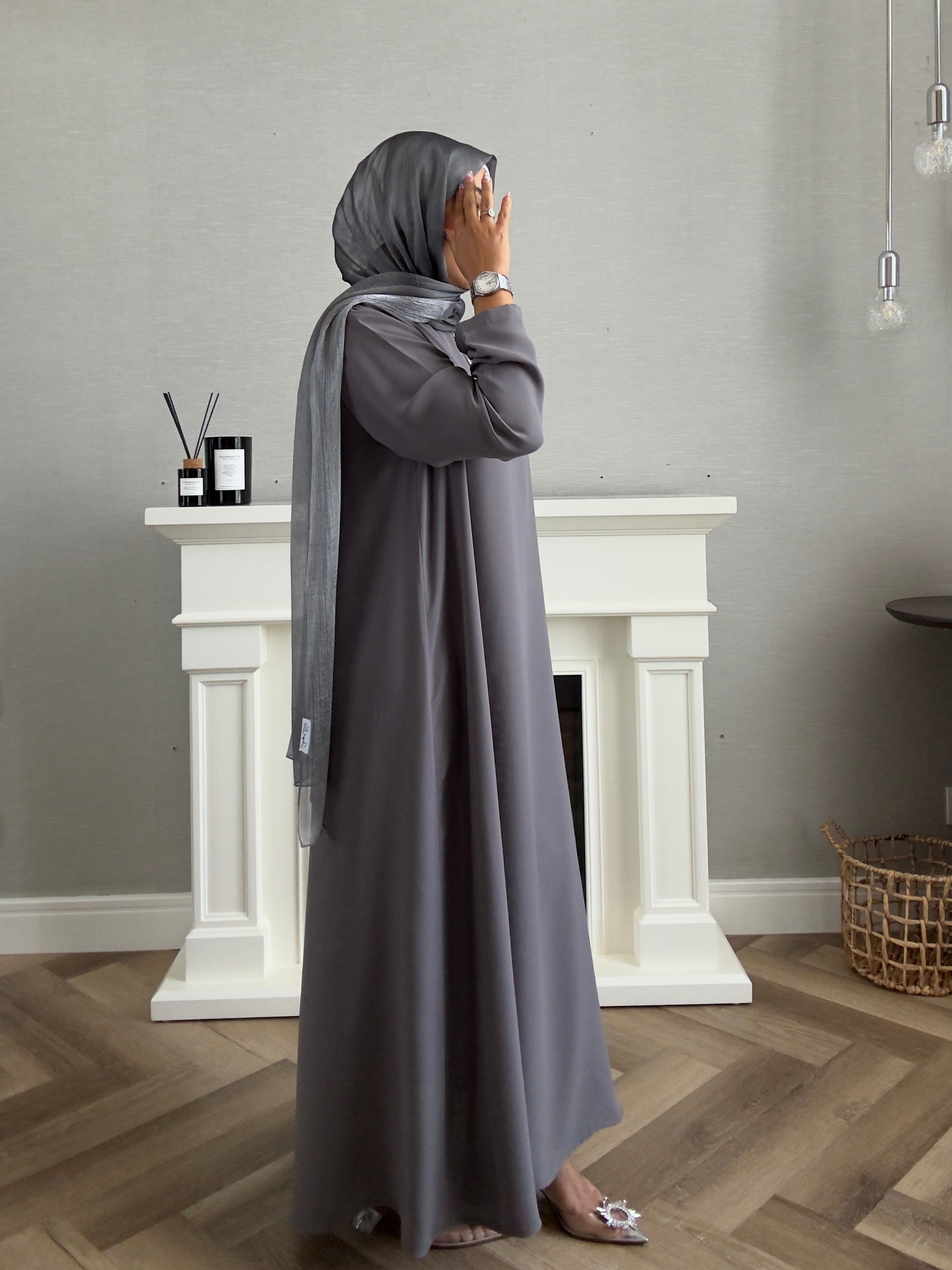 Stars Abaya - 3 PCS with Dress and Scarf - Gray