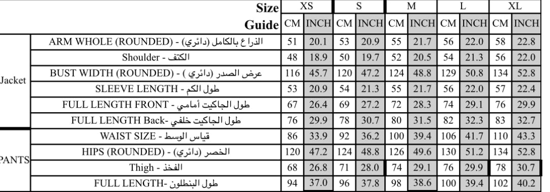 Size chart for Thailand Set - Orange
