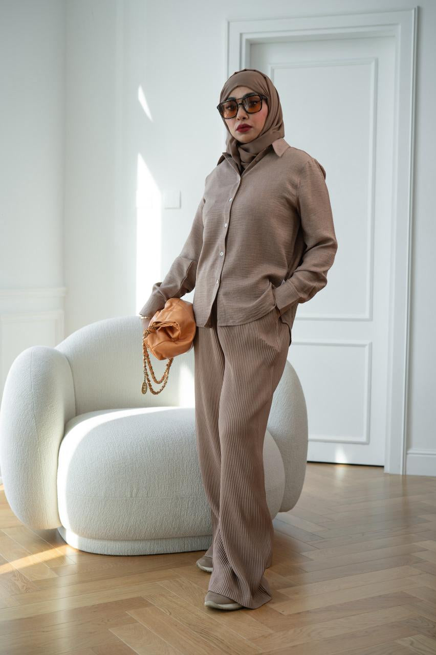 Wide Legs Pleats Pants - Brown