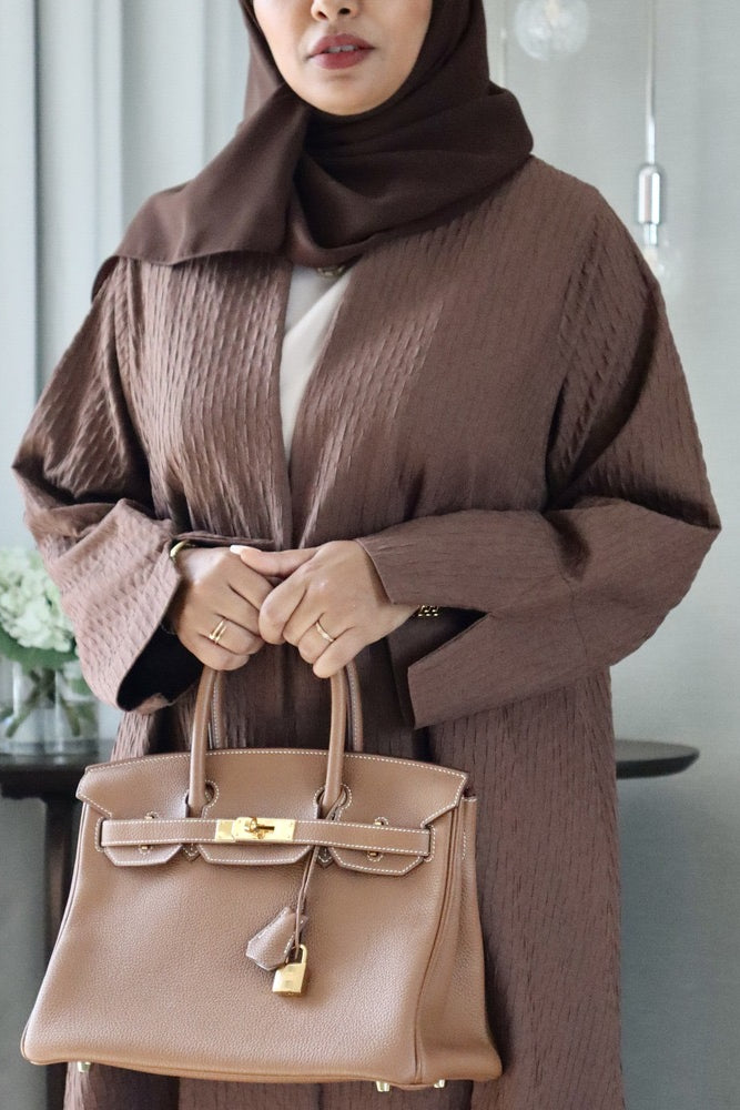 Waves Abaya With Scarf - Brown