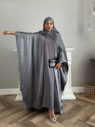 Stars Abaya - 3 PCS with Dress and Scarf - Gray