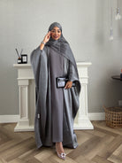 Stars Abaya - 3 PCS with Dress and Scarf - Gray