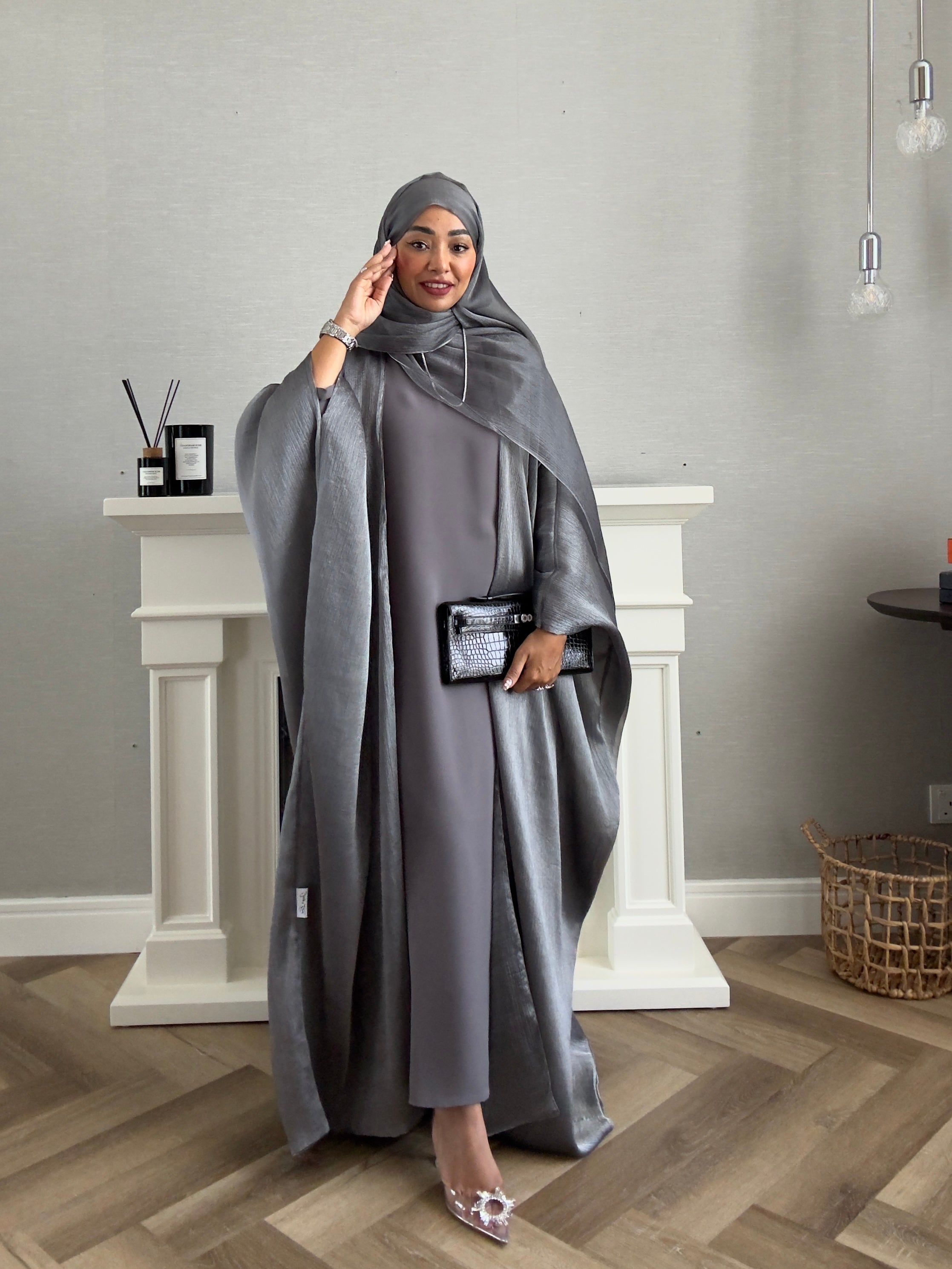 Stars Abaya - 3 PCS with Dress and Scarf - Gray
