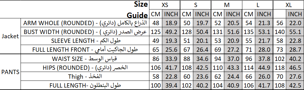 Size chart for Bow Suit - Beige