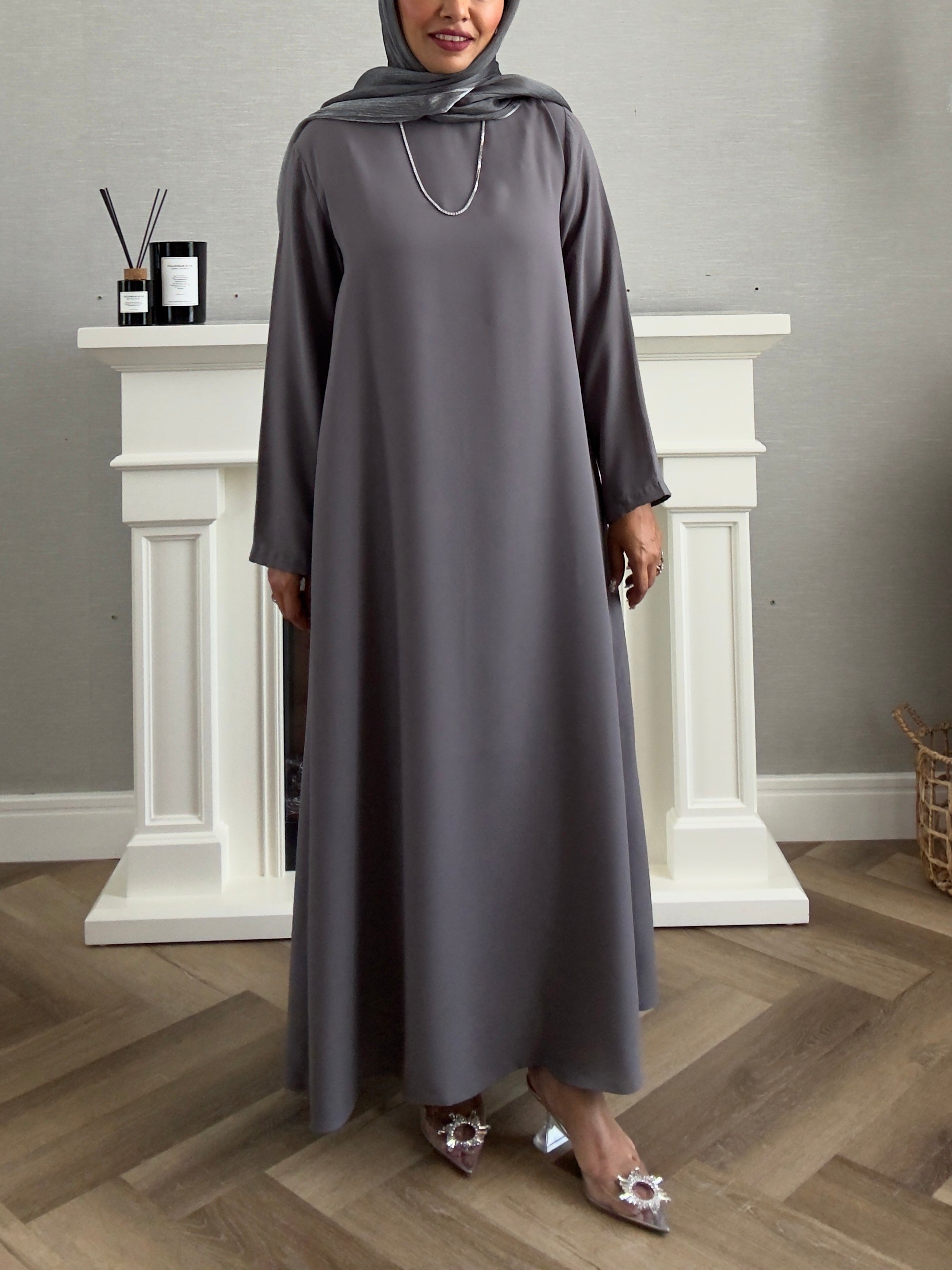 Stars Abaya - 3 PCS with Dress and Scarf - Gray