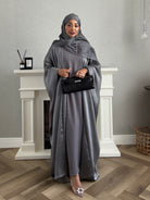 Stars Abaya - 3 PCS with Dress and Scarf - Gray