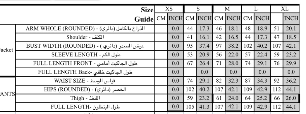 Size chart for Bond - Denim Suit - Black