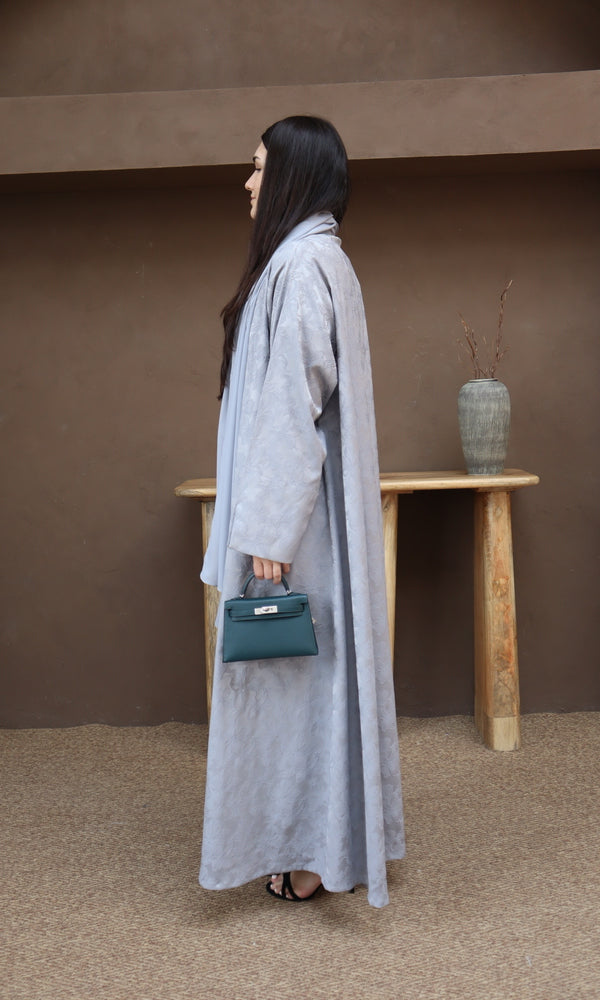 Mahra Abaya With Scarf - Gray Flower Embroidery