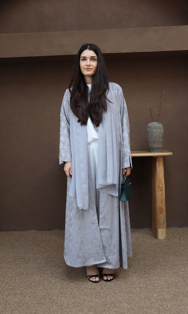 Mahra Abaya With Scarf - Gray Flower Embroidery