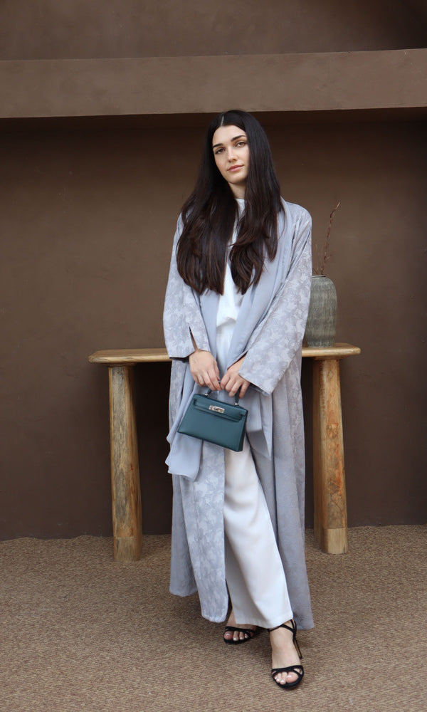 Mahra Abaya With Scarf - Gray Flower Embroidery