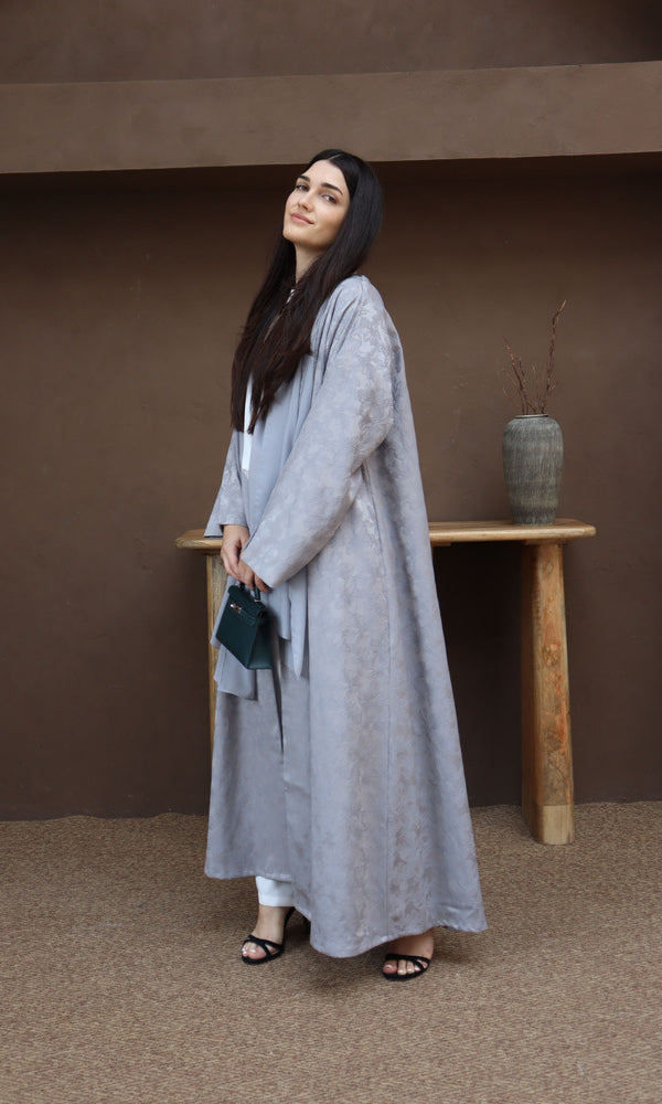 Mahra Abaya With Scarf - Gray Flower Embroidery