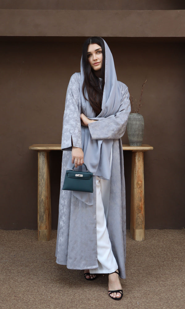 Mahra Abaya With Scarf - Gray Flower Embroidery