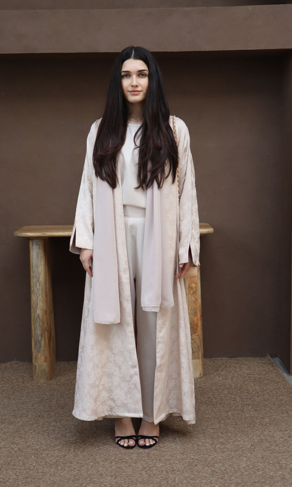 Mahra Abaya With Scarf - Beige Flower Embroidery