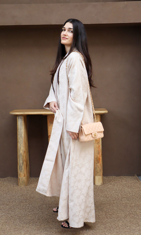 Mahra Abaya With Scarf - Beige Flower Embroidery