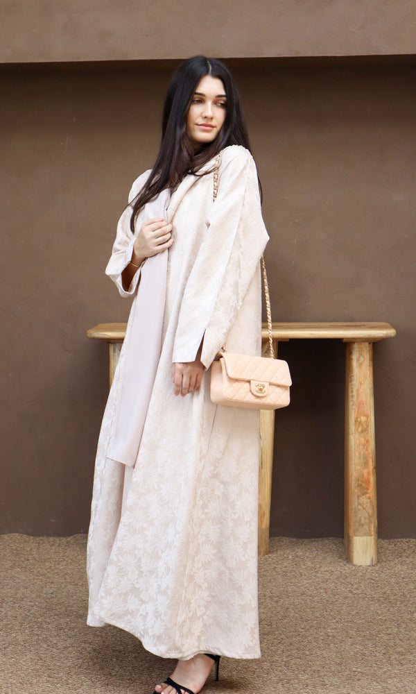 Mahra Abaya With Scarf - Beige Flower Embroidery