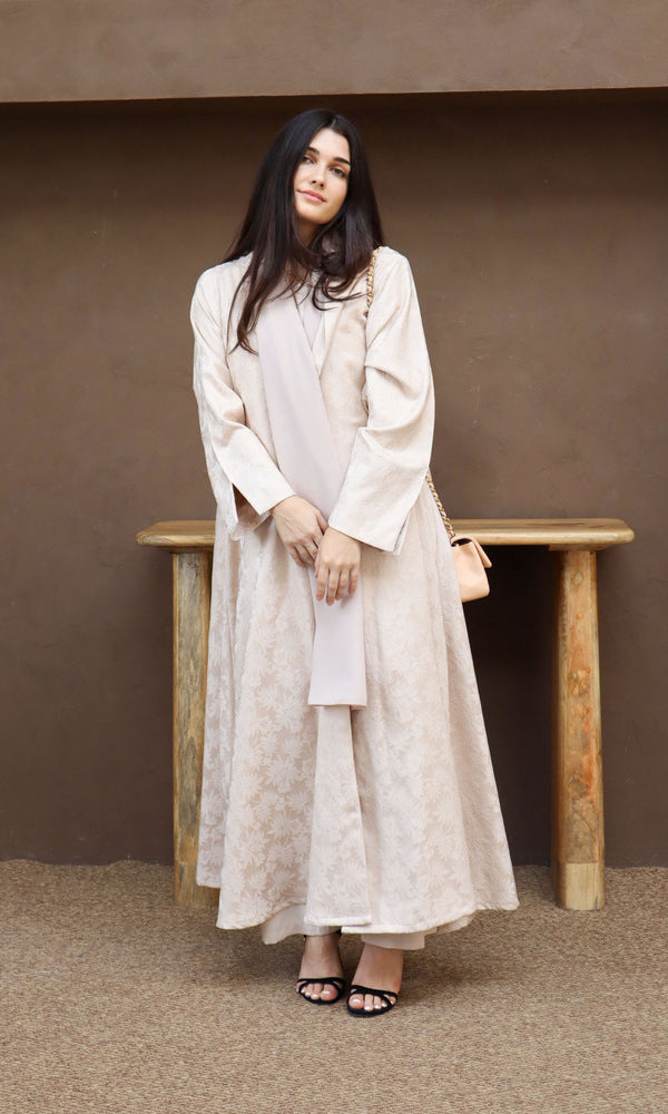 Mahra Abaya With Scarf - Beige Flower Embroidery