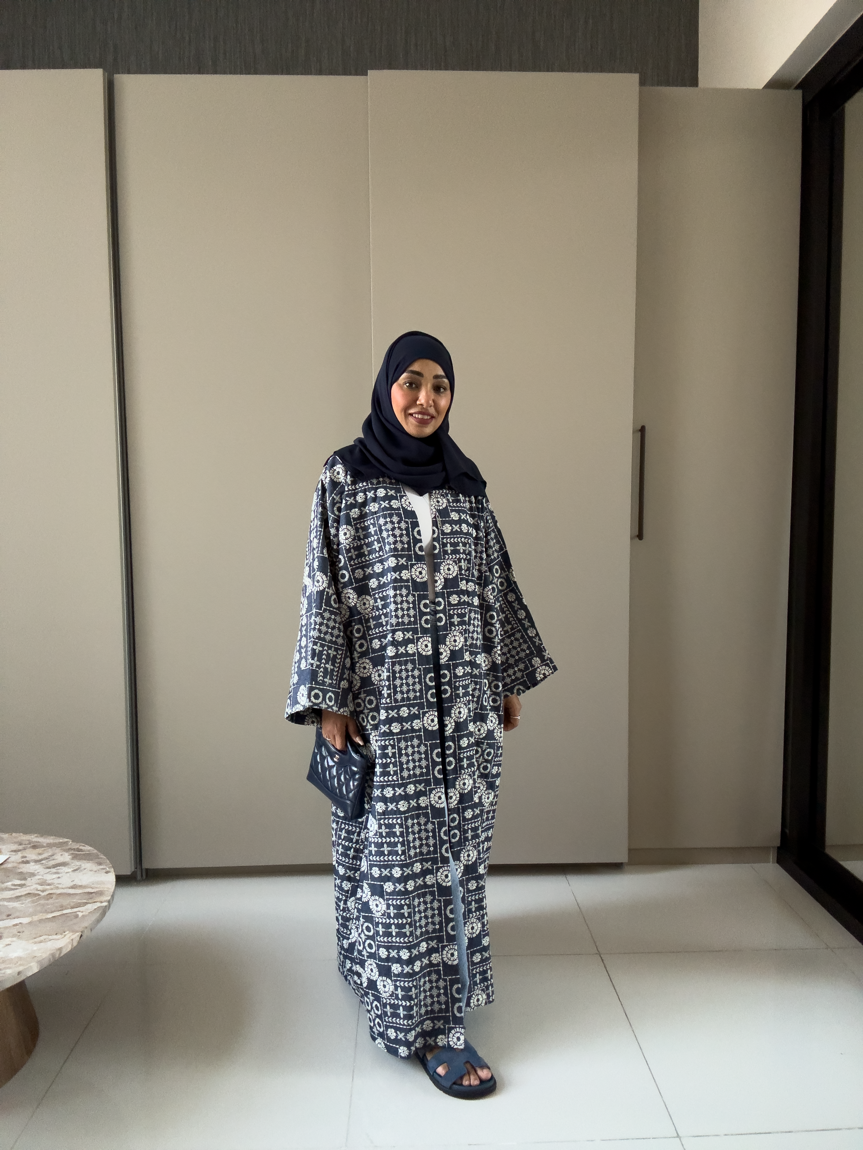 Customized Embroidered Denim Abaya – Navy Blue