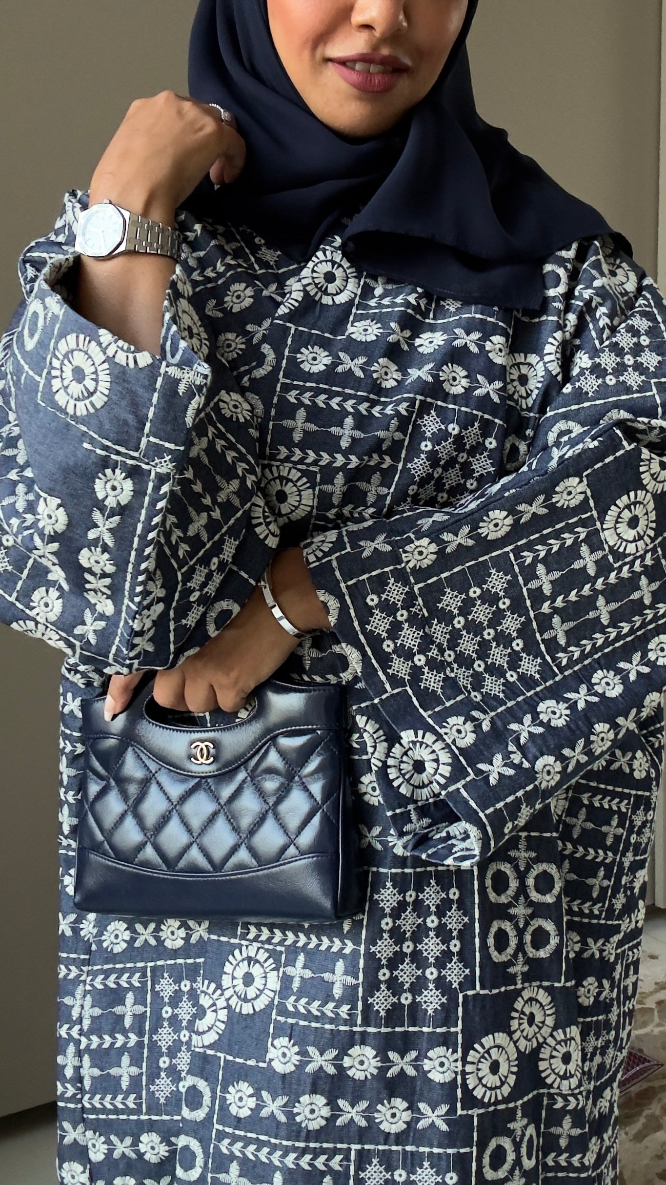 Customized Embroidered Denim Abaya – Navy Blue