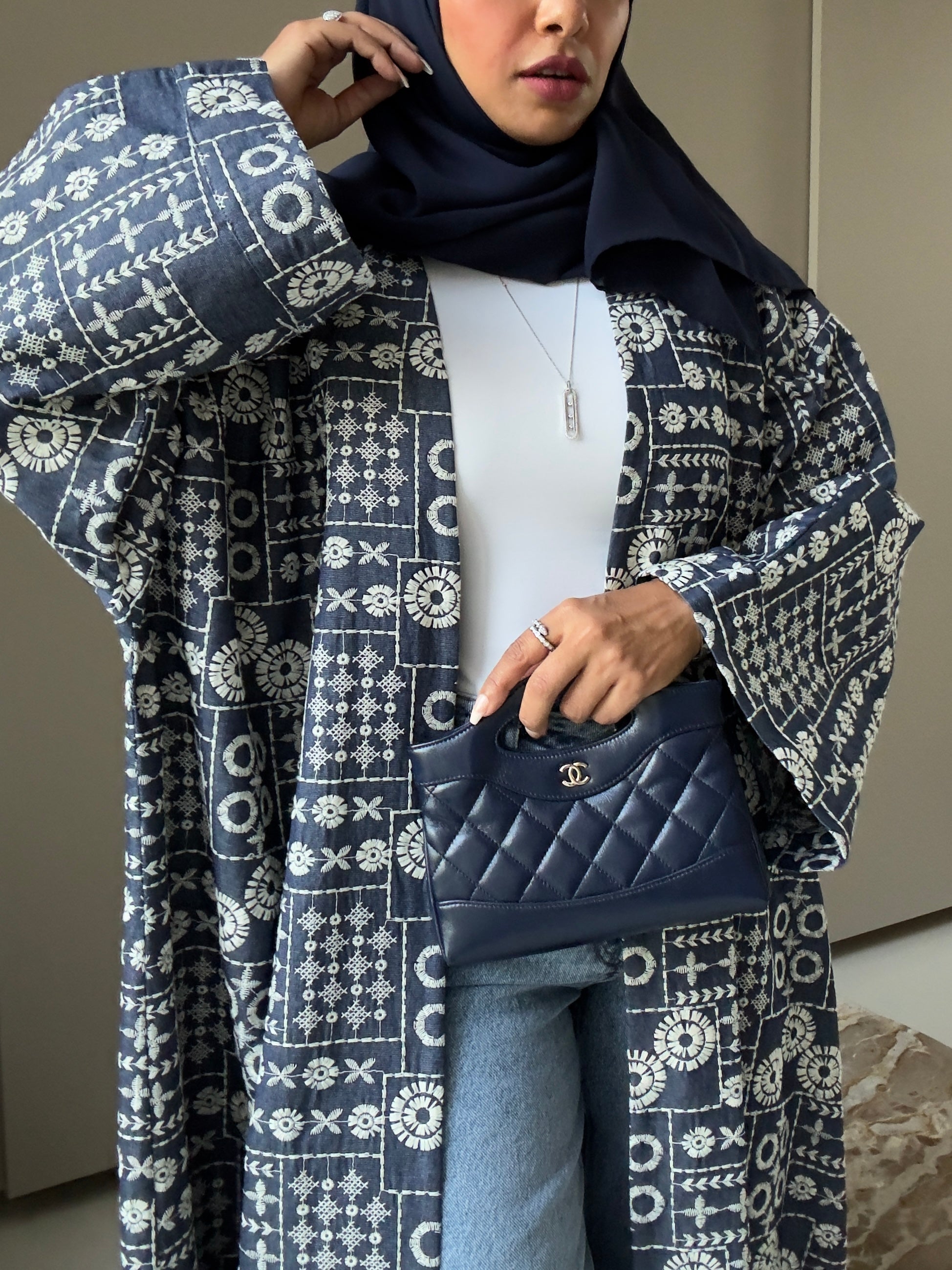 Customized Embroidered Denim Abaya – Navy Blue