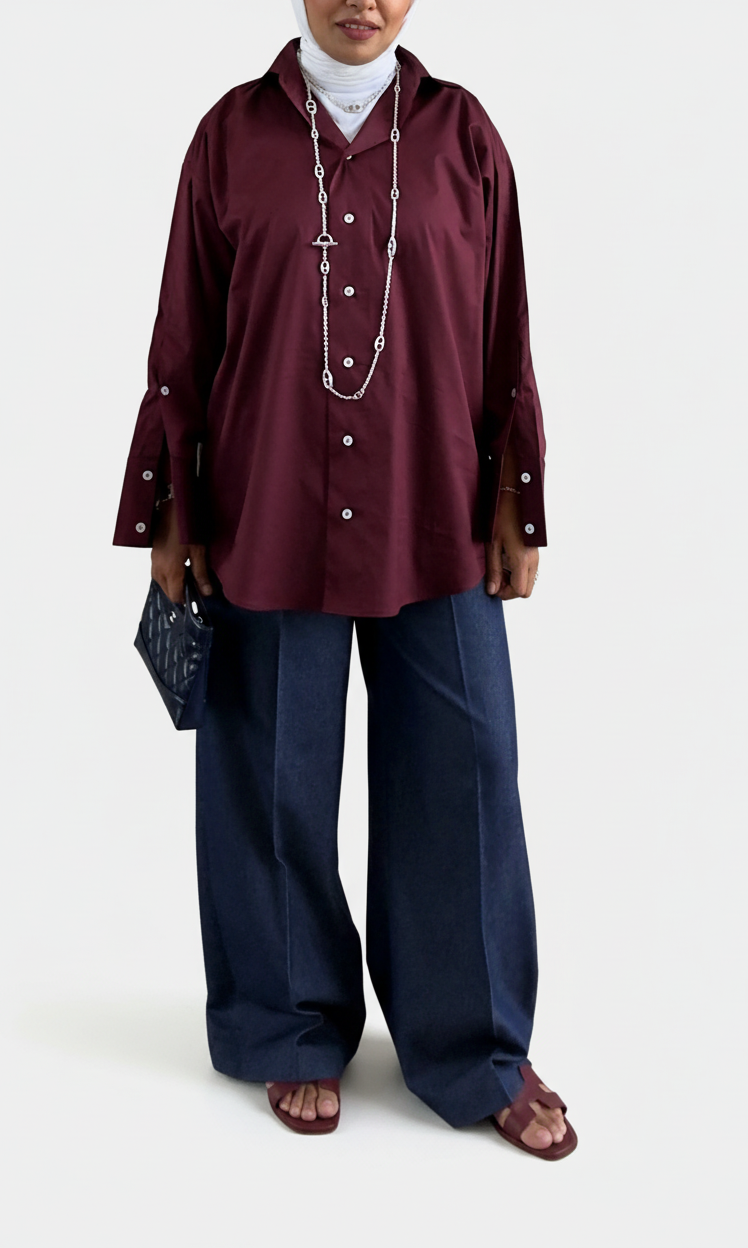 Oversized Poplin Shirt - Maroon