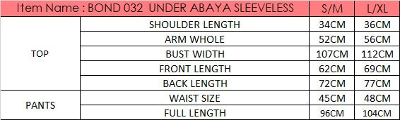 Size chart for Sleeveless Under Abaya Set