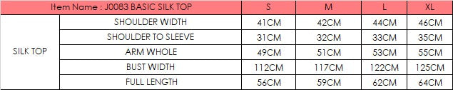 Size chart for Basic Silk Top - Sky Blue