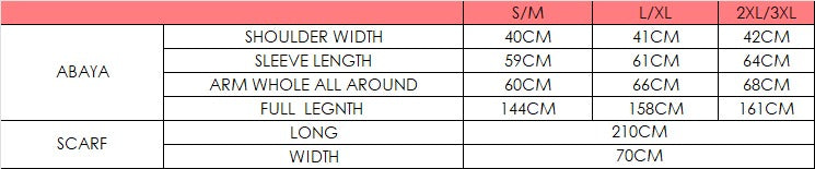 Size chart for Waves Abaya With Scarf - Beige