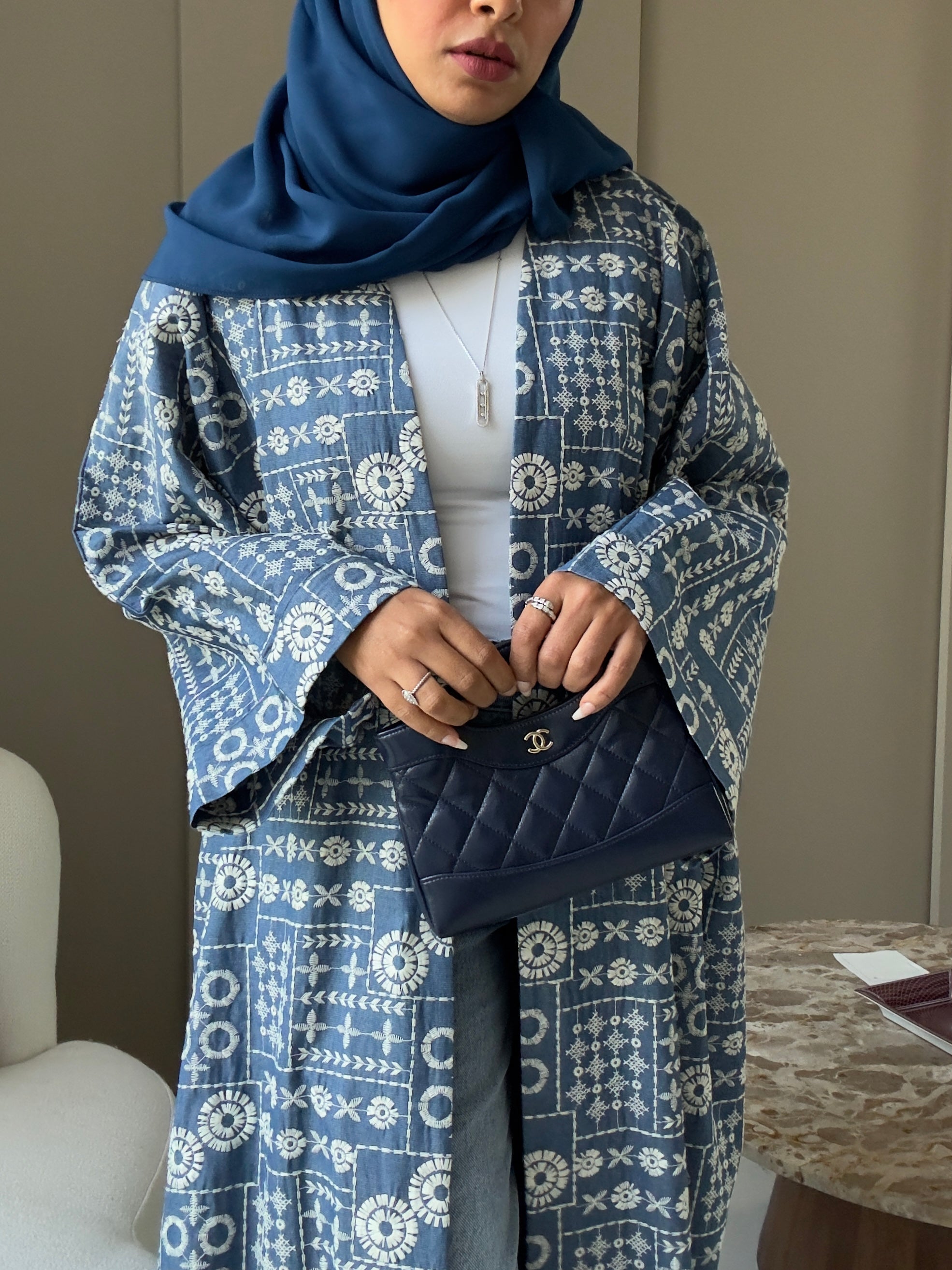 Customized Embroidered Denim Abaya – Blue