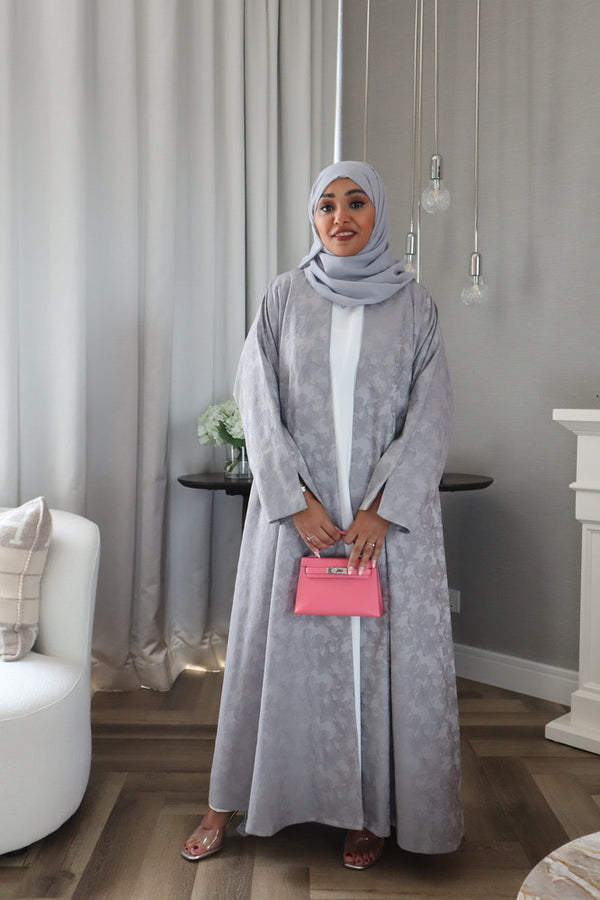 Mahra Abaya With Scarf - Gray Flower Embroidery