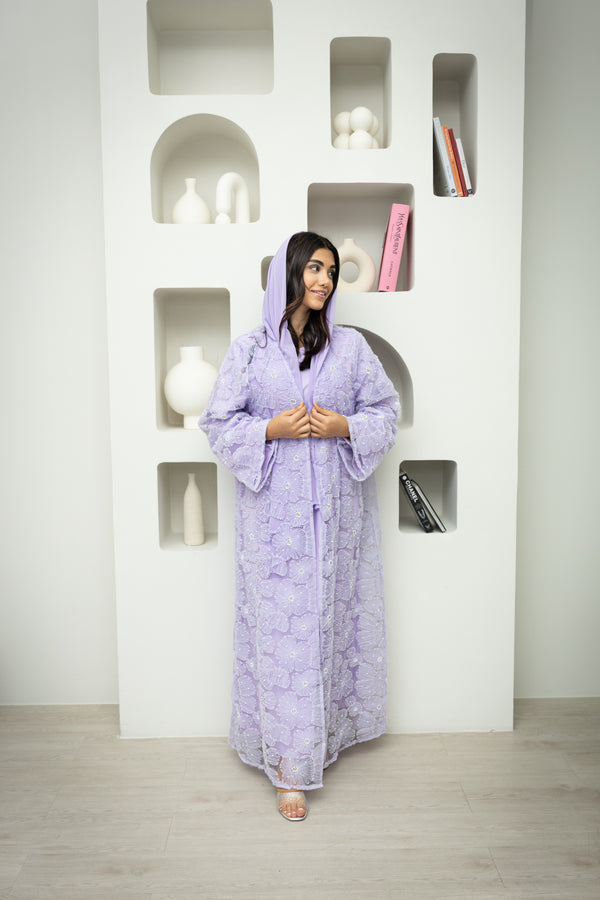 Bling Abaya Pearl Embroidered Three-Piece Abaya Set in Lavender