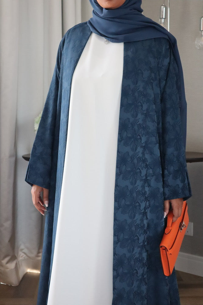 Mahra Abaya With Scarf - Blue Flower Embroidery