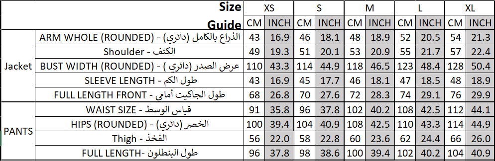 Size chart for Mykonos Suit - Blue
