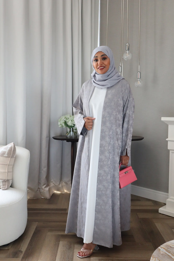 Mahra Abaya With Scarf - Gray Flower Embroidery