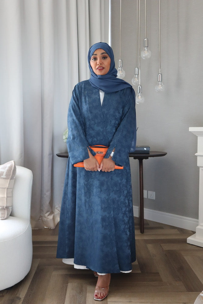 Mahra Abaya With Scarf - Blue Flower Embroidery