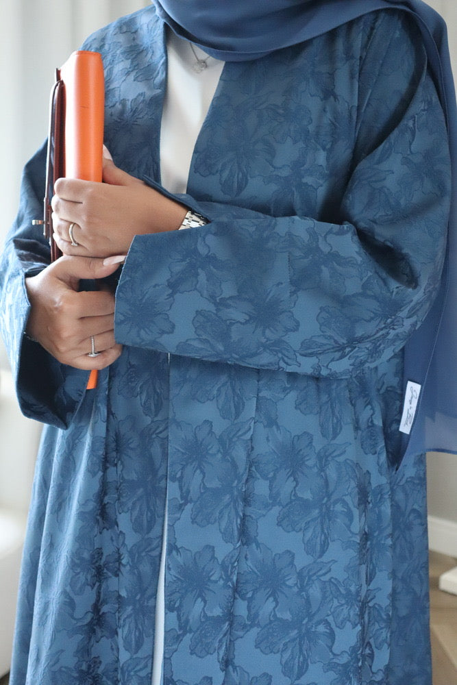Mahra Abaya With Scarf - Blue Flower Embroidery