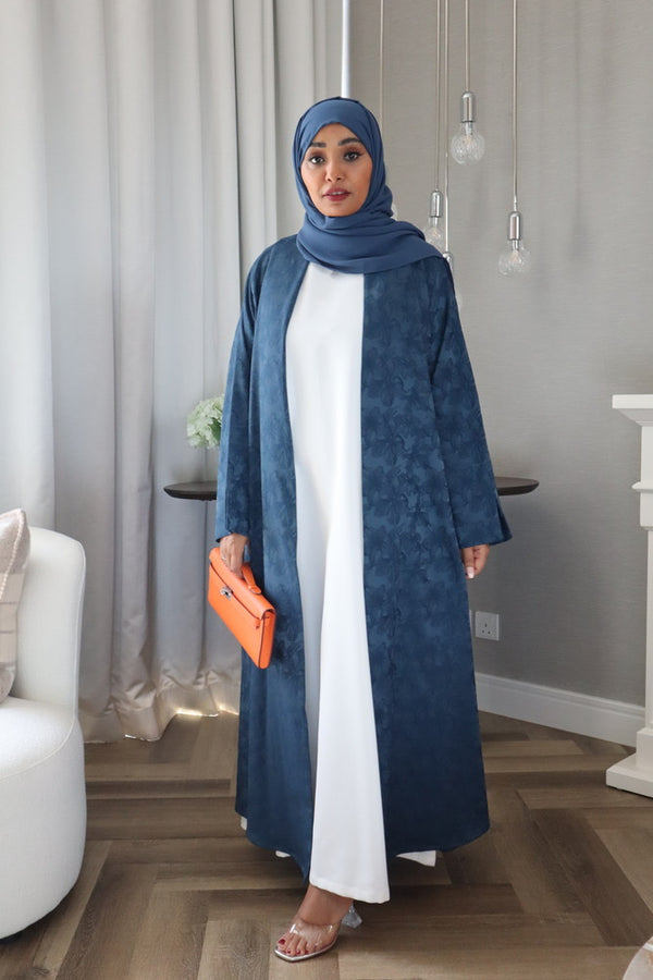 Mahra Abaya With Scarf - Blue Flower Embroidery