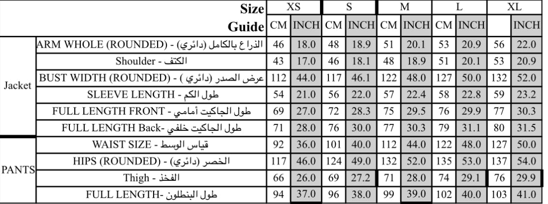 Size chart for Lisa Set - Army Green