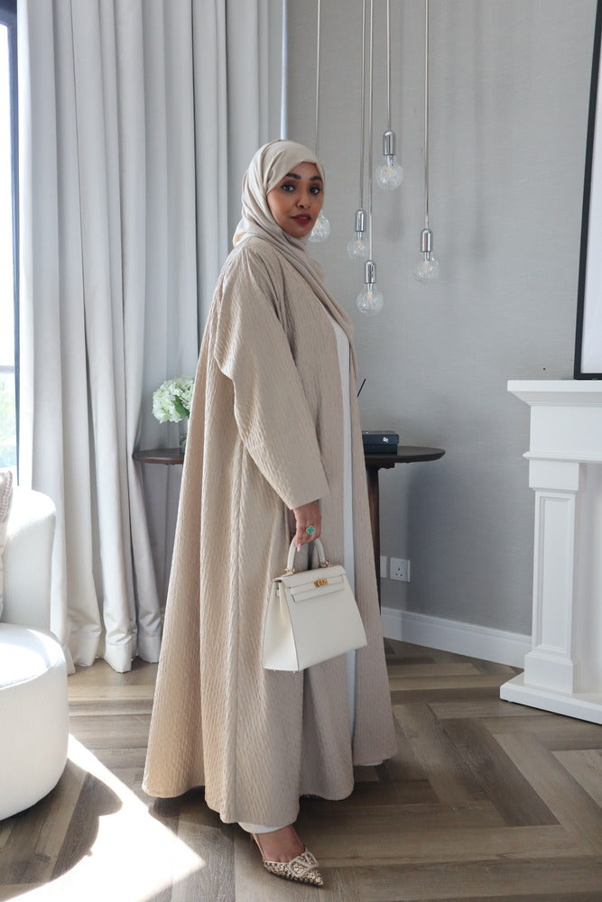 Waves Abaya With Scarf - Beige