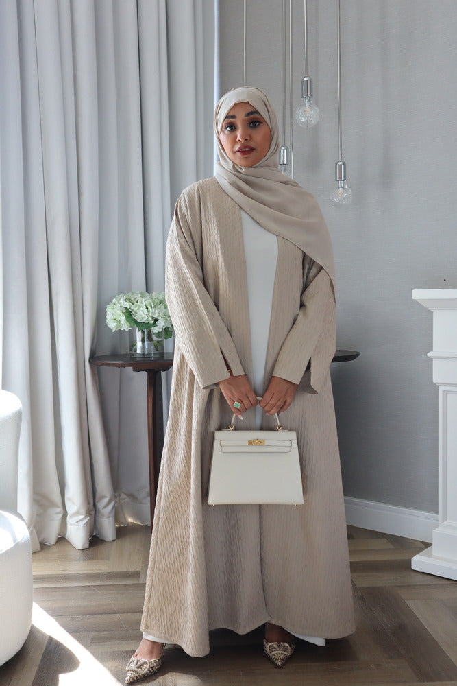 Waves Abaya With Scarf - Beige