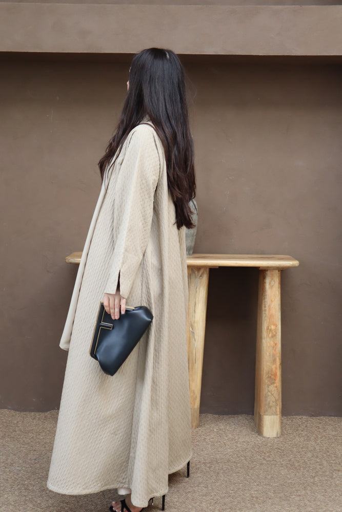 Waves Abaya With Scarf - Beige