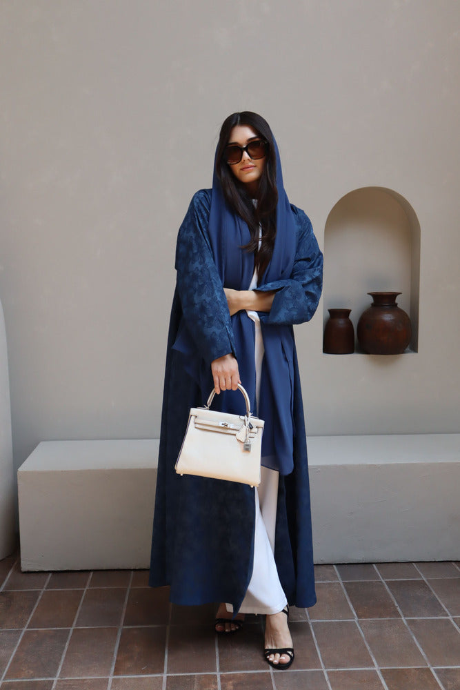 Mahra Abaya With Scarf - Blue Flower Embroidery