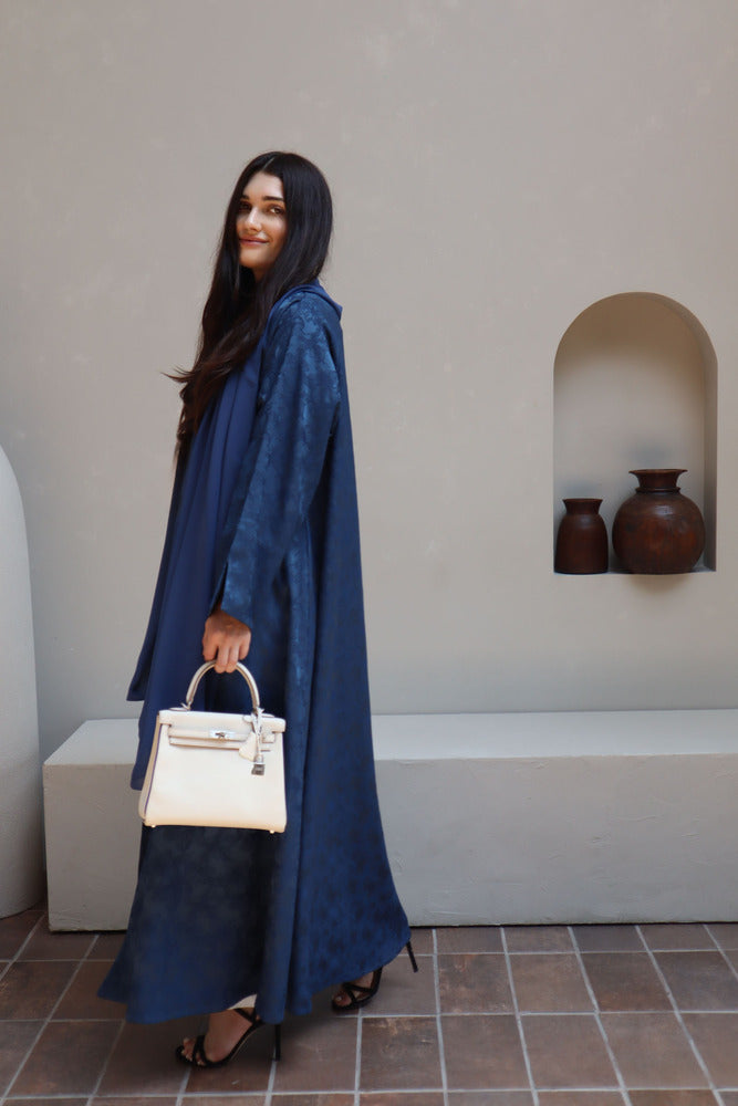 Mahra Abaya With Scarf - Blue Flower Embroidery