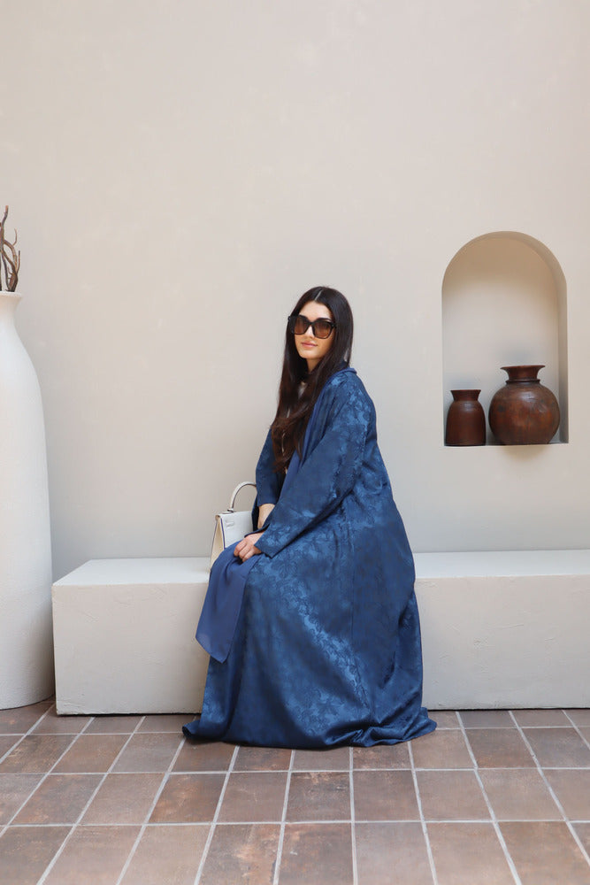 Mahra Abaya With Scarf - Blue Flower Embroidery