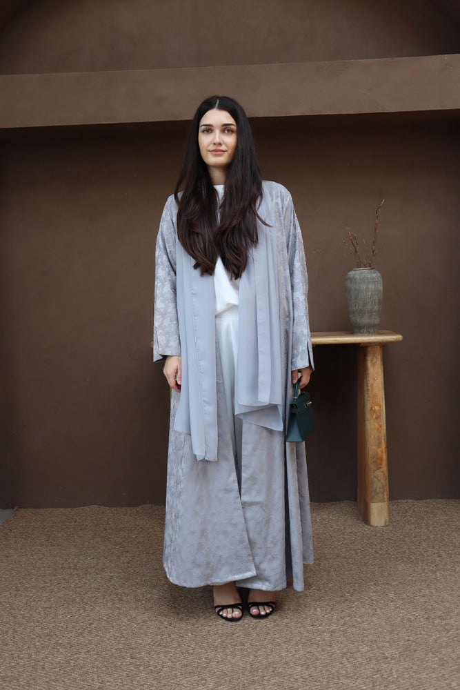 Mahra Abaya With Scarf - Gray Flower Embroidery