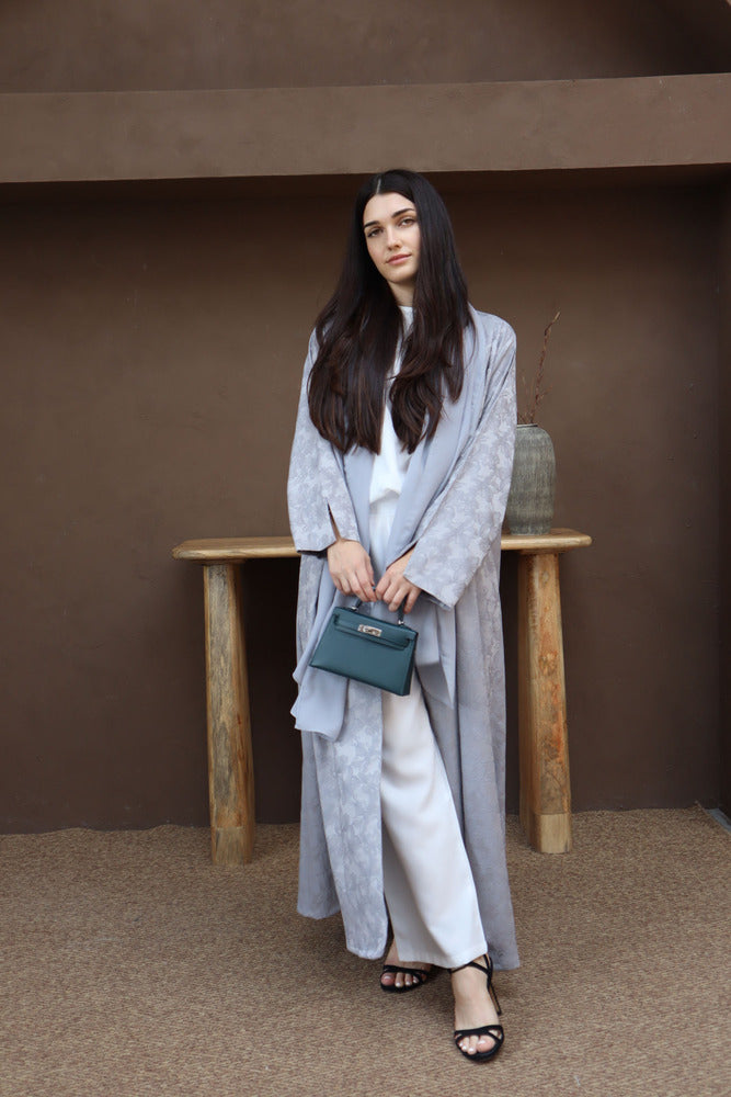 Mahra Abaya With Scarf - Gray Flower Embroidery