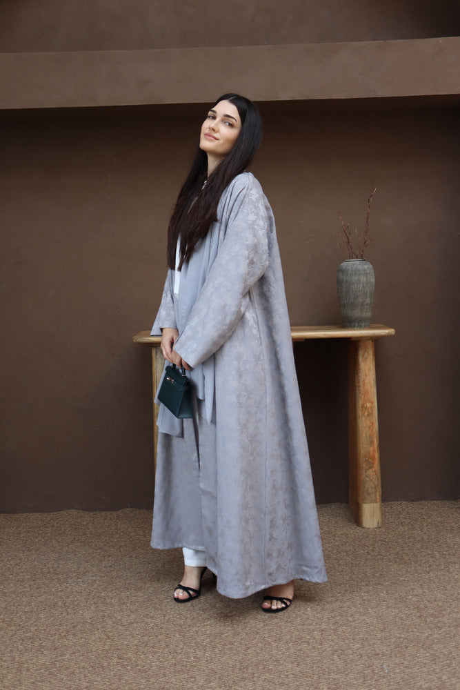Mahra Abaya With Scarf - Gray Flower Embroidery