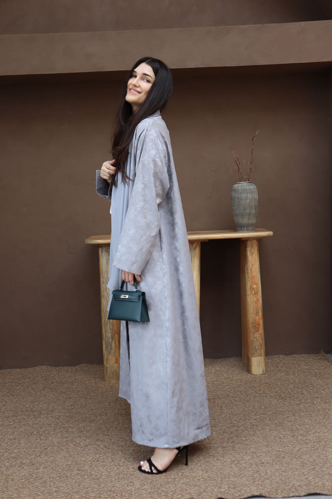 Mahra Abaya With Scarf - Gray Flower Embroidery