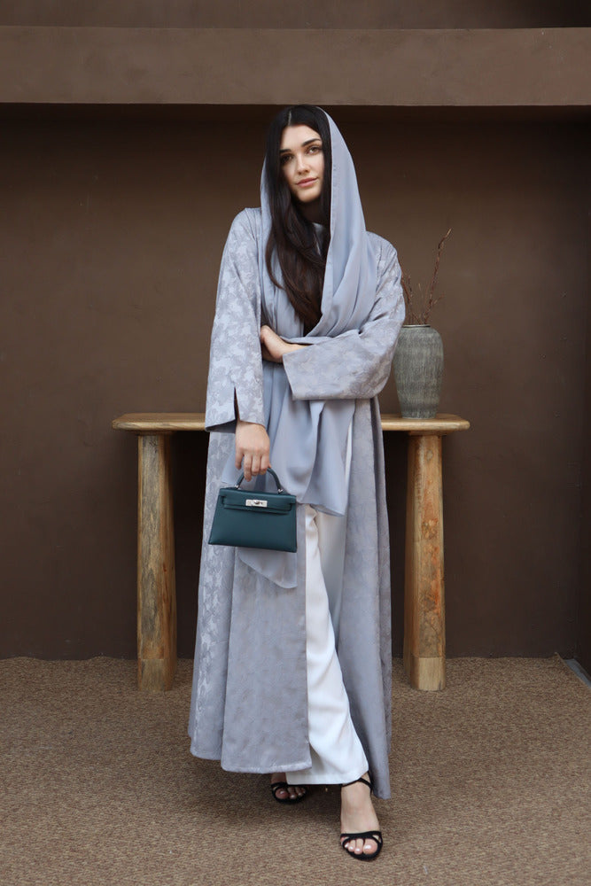 Mahra Abaya With Scarf - Gray Flower Embroidery