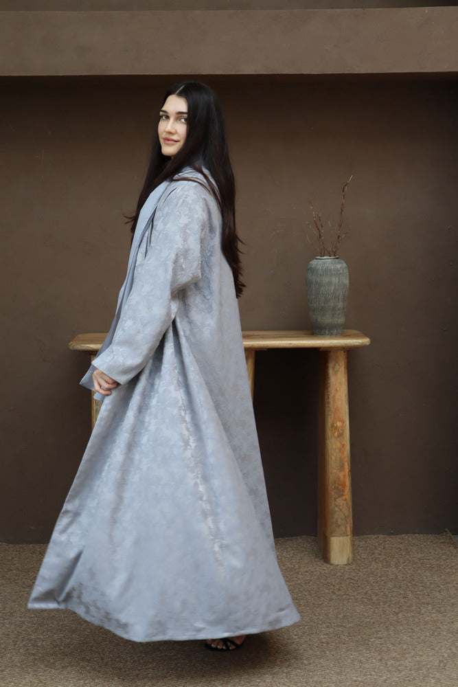 Mahra Abaya With Scarf - Gray Flower Embroidery